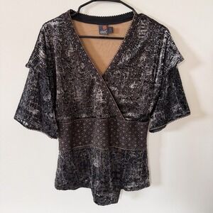 Velvet Burnout Blouse‎ Womens XL Sheer Layered Lagenlook Artsy ANAC By Kimi